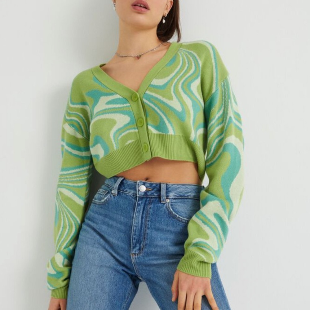garage green patterned cropped cardigan